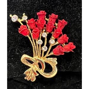 NWOT Red 3D Roses Gold‎ Stem Bouquet Brooch Pin
